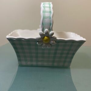 Mint Green Gingham Ceramic Basket with Daisy Accent